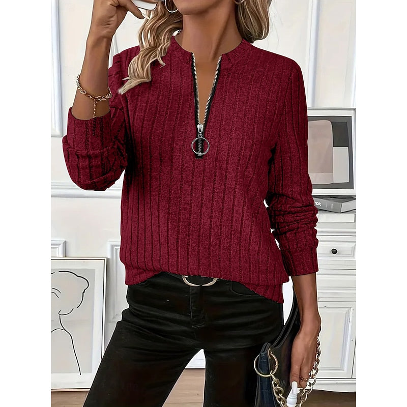 Ribbed Zip-Neck Top