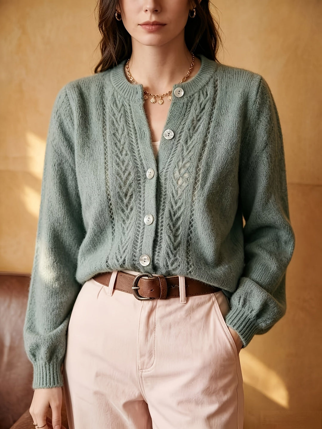 Softly Textured Round-Neck Cardigan