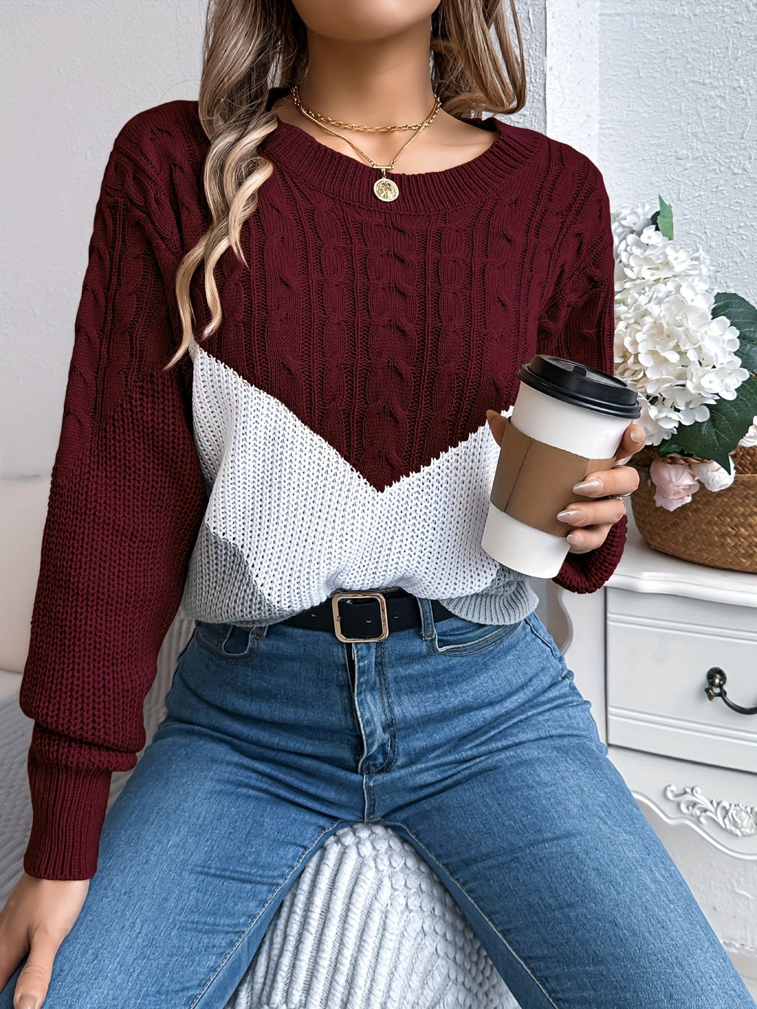 Color-Block Round Neck Sweater