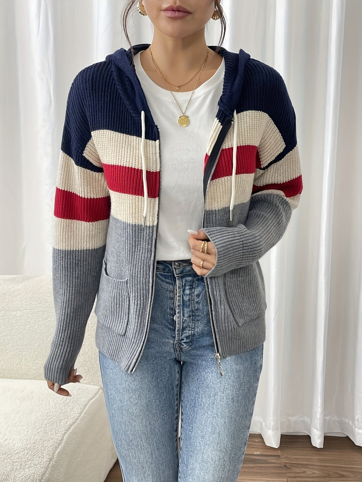 Colour-Block Hooded Zip Cardigan