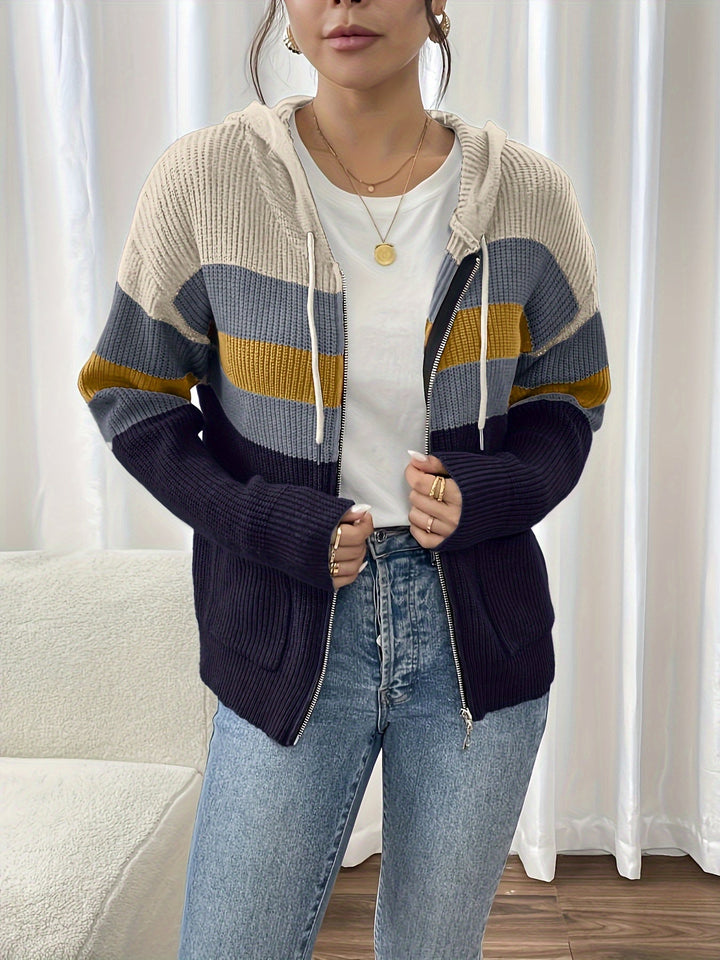 Colour-Block Hooded Zip Cardigan