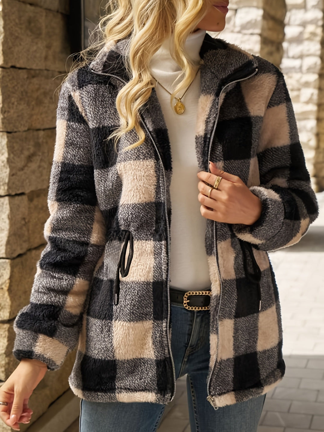 Cozy Checked Hooded Jacket