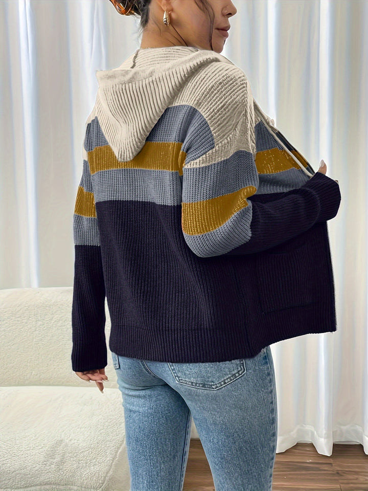 Colour-Block Hooded Zip Cardigan