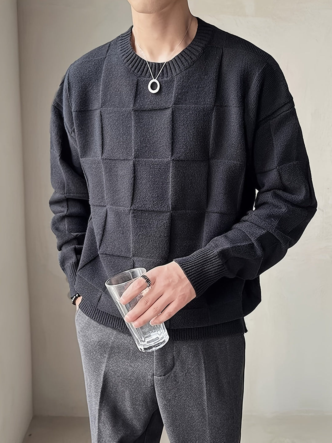 Textured Check Crewneck Sweater