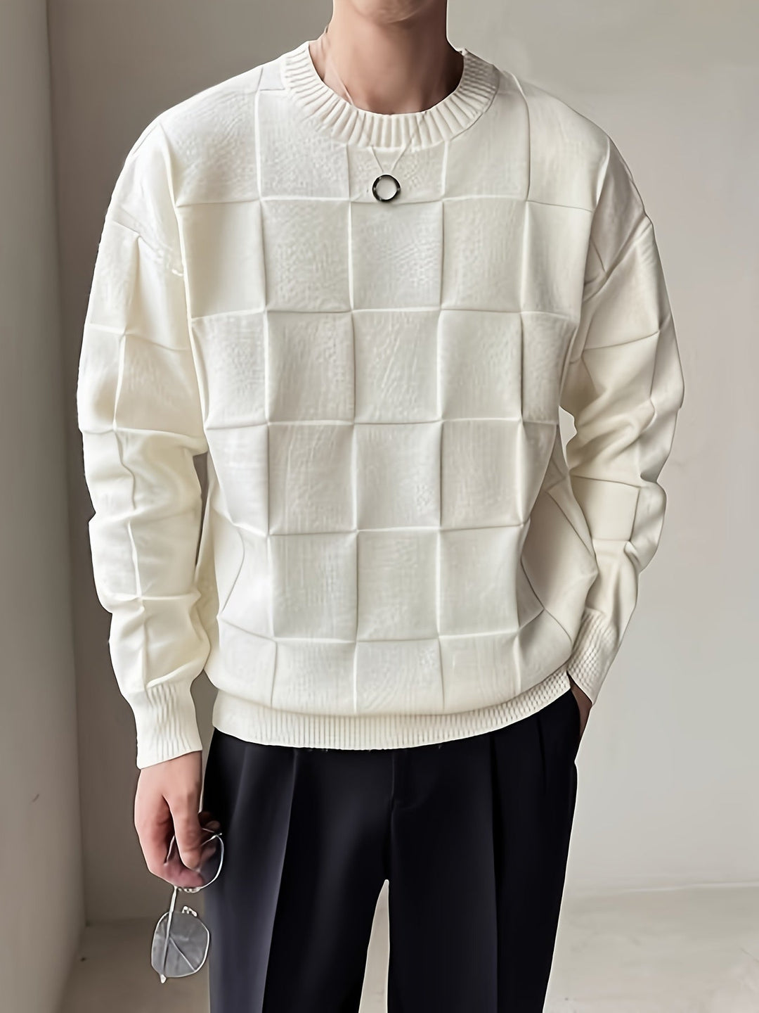 Textured Check Crewneck Sweater