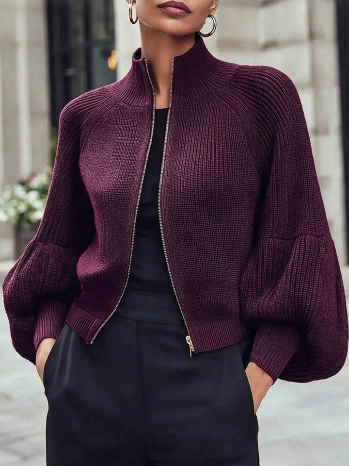 Zip-Up Puff-Sleeve Cardigan