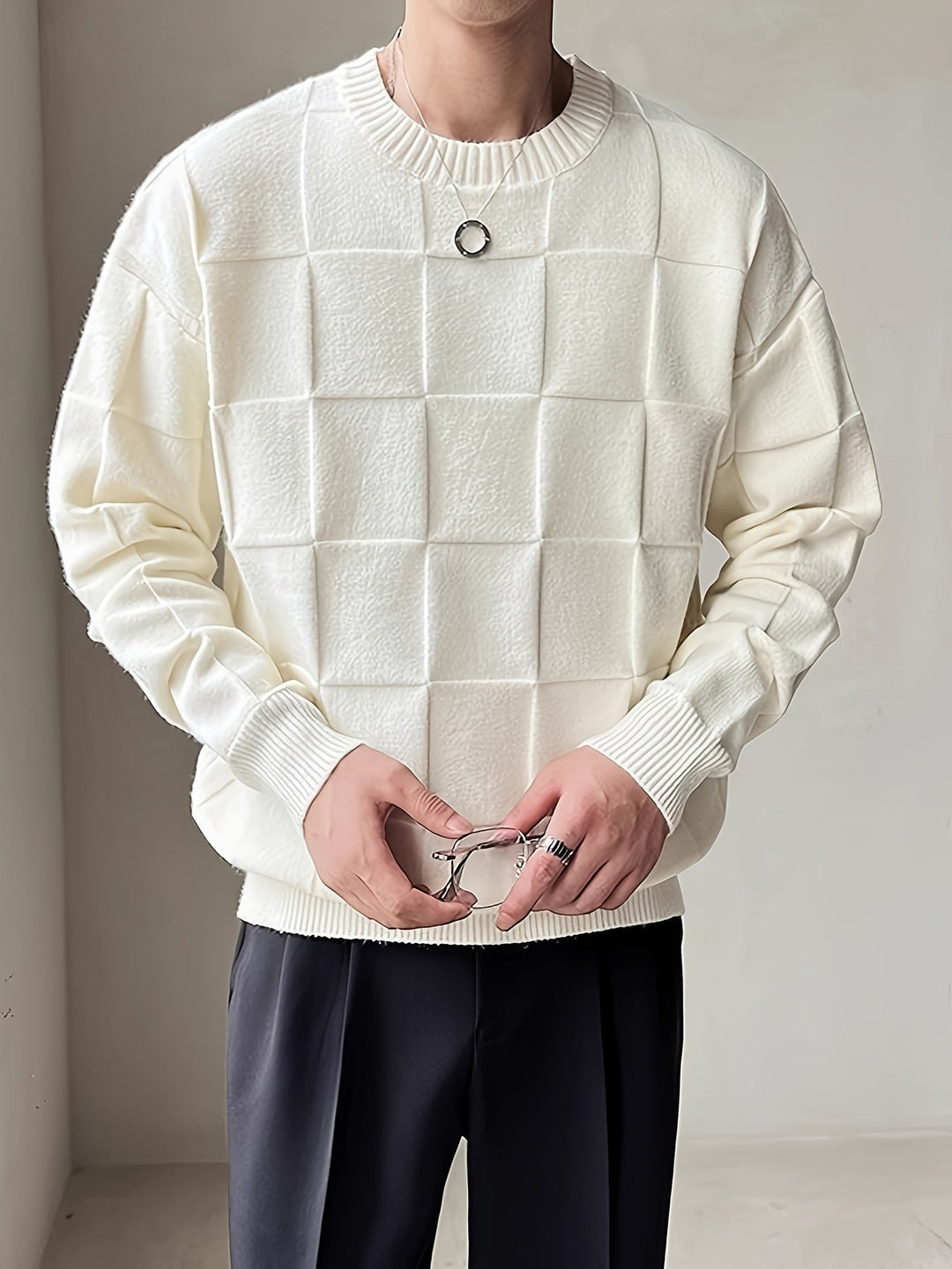 Textured Check Crewneck Sweater