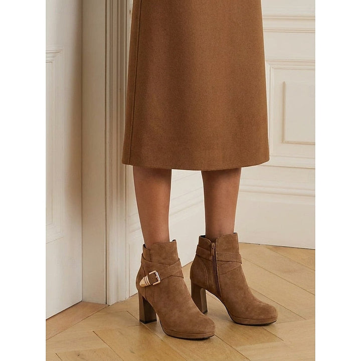 Buckle-Strap Block Heel Ankle Boots