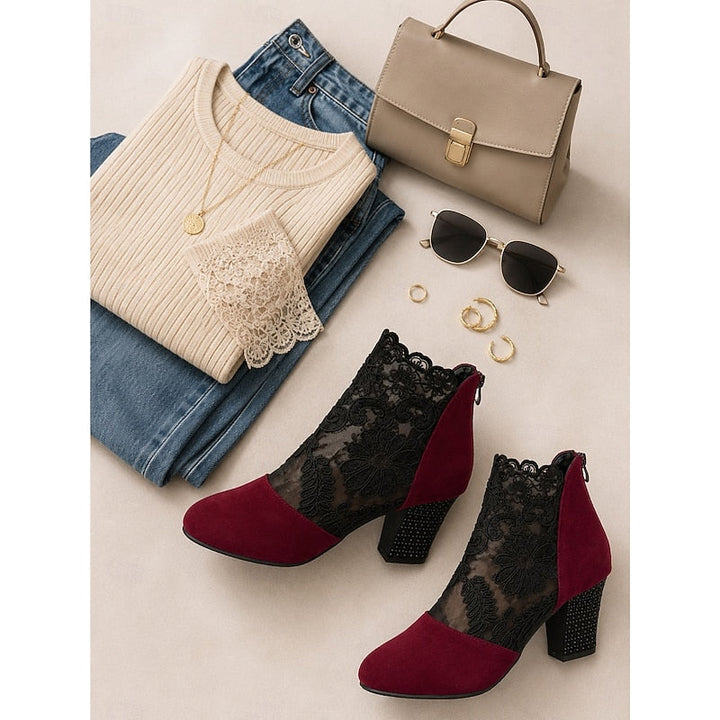 Lace-Accent Heeled Ankle Boots