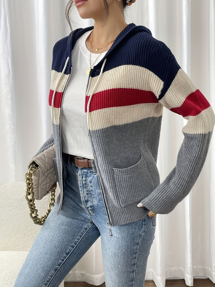 Colour-Block Hooded Zip Cardigan