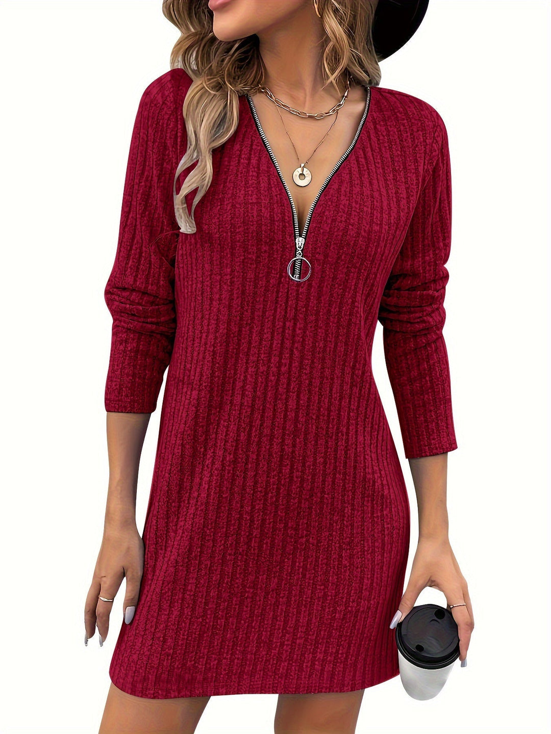 Zip-Neck Ribbed Dress