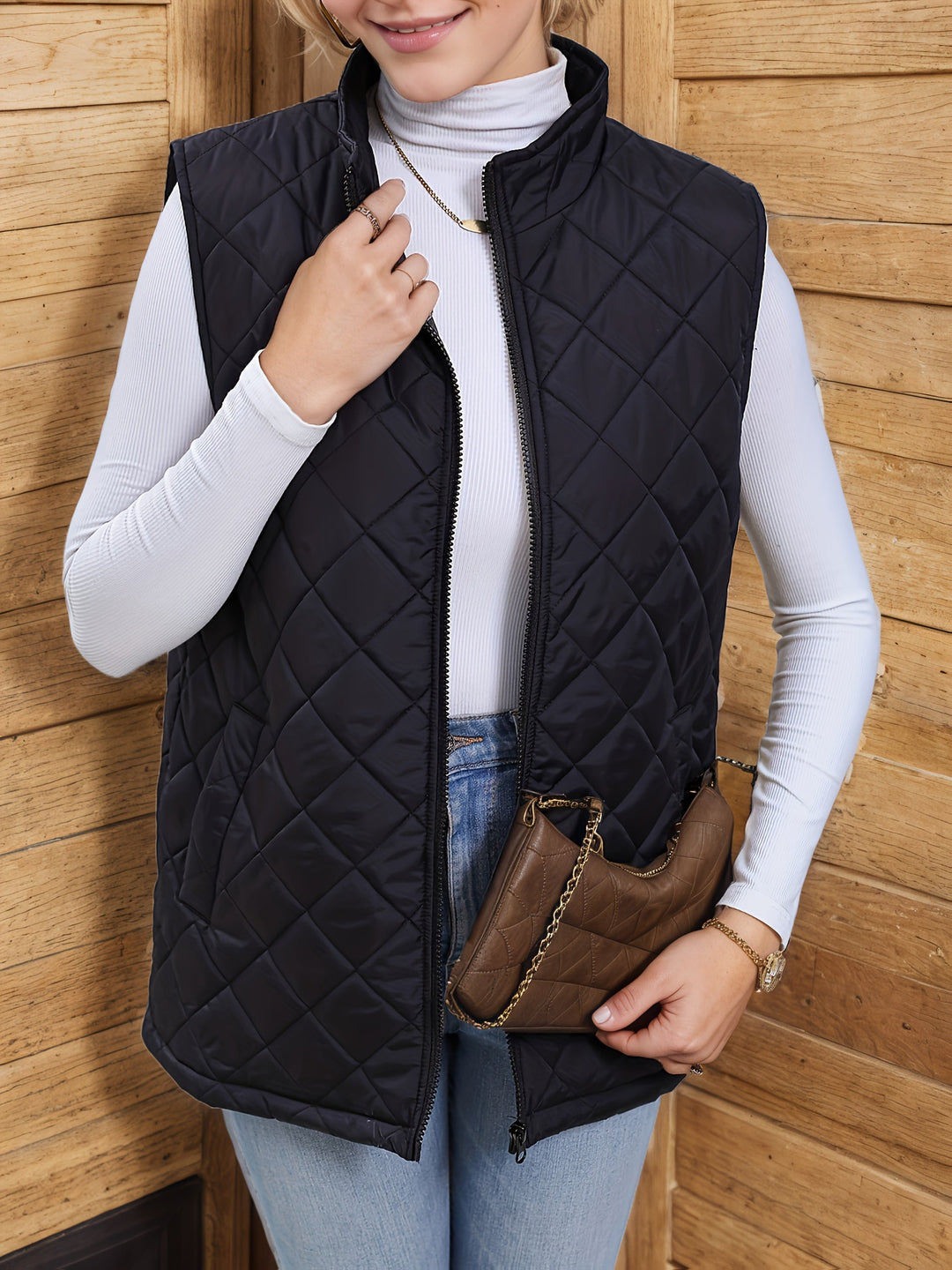 Diamond-Quilted Longline Vest
