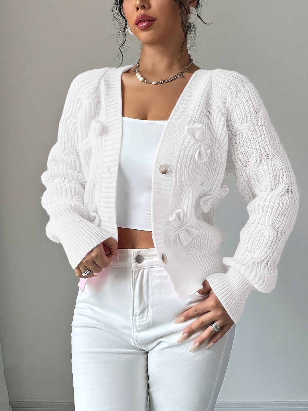 Soft Bow-Detail Long Sleeve Cardigan