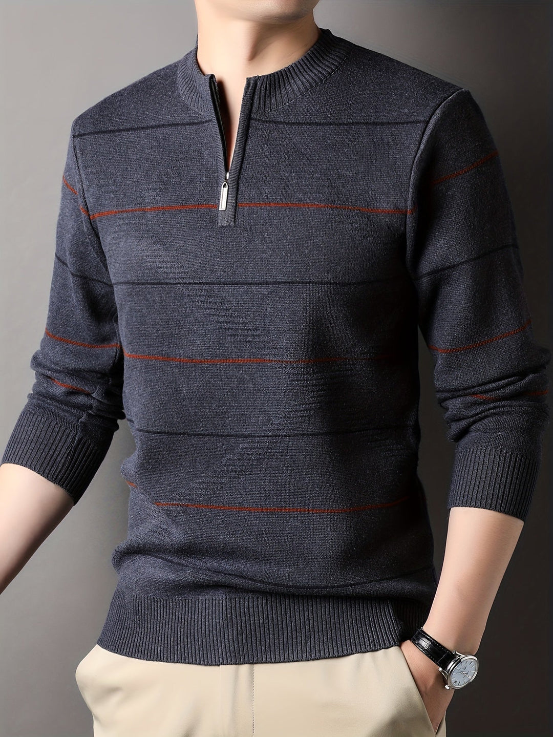 Refined Striped Zip-Neck Sweater