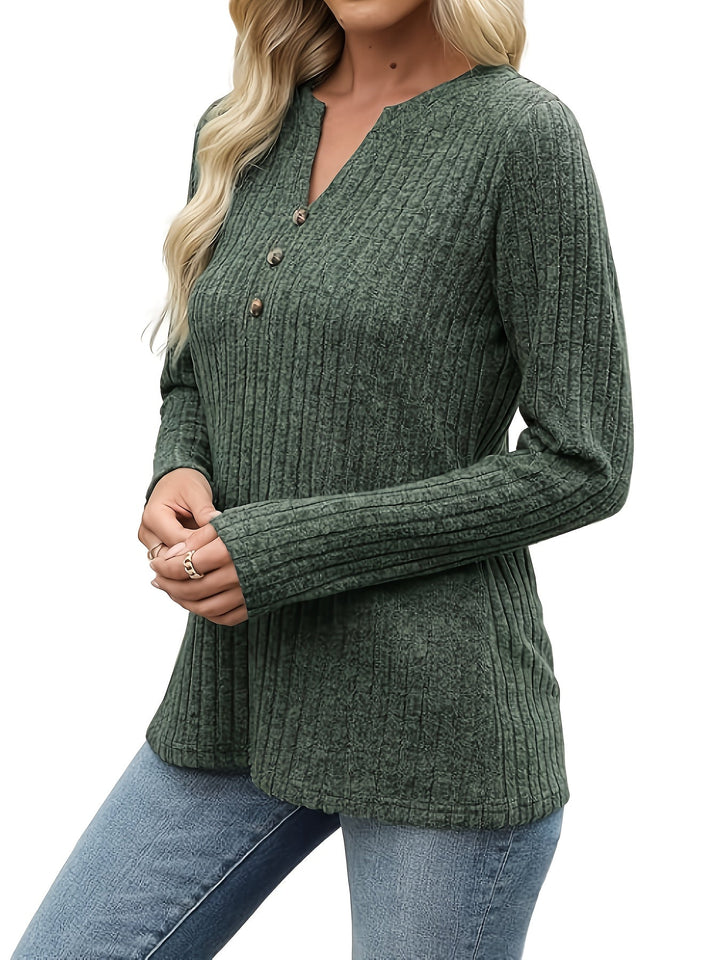 Ribbed Button-Neck Long Sleeve Top