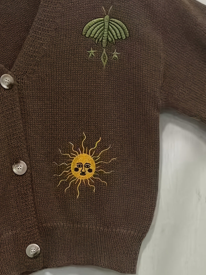 Celestial Embroidered Lantern-Sleeve Cardigan