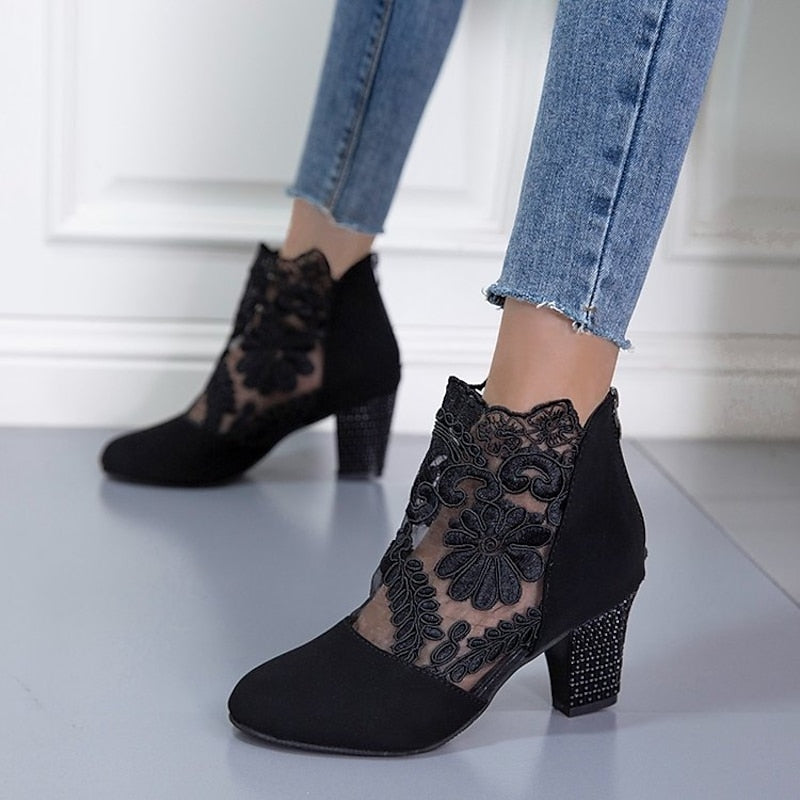 Lace-Accent Heeled Ankle Boots