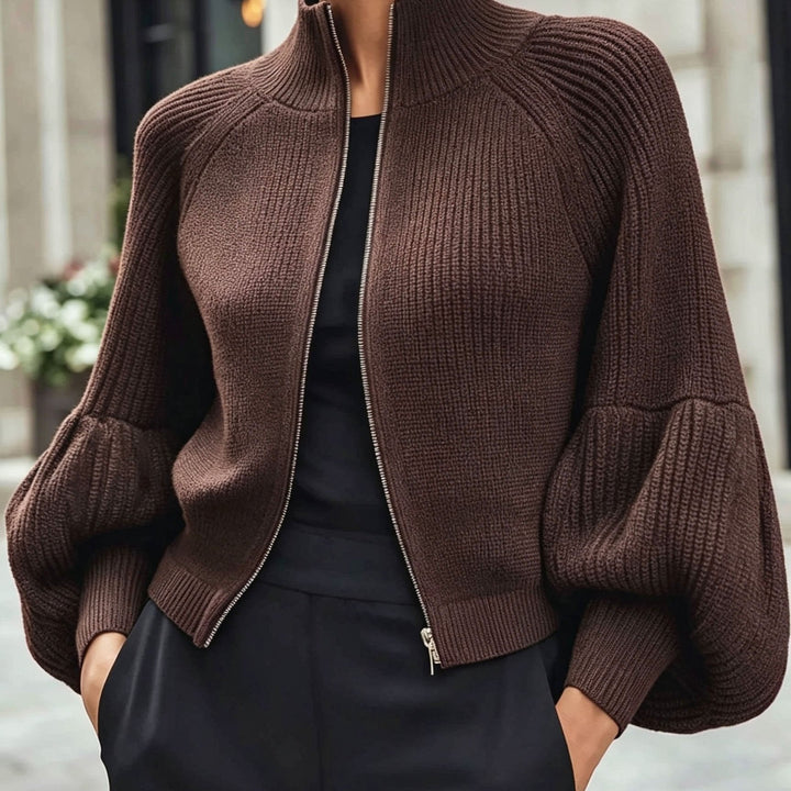 Zip-Up Puff-Sleeve Cardigan