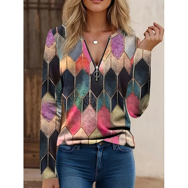 Floral Quarter-Zip Long Sleeve Top