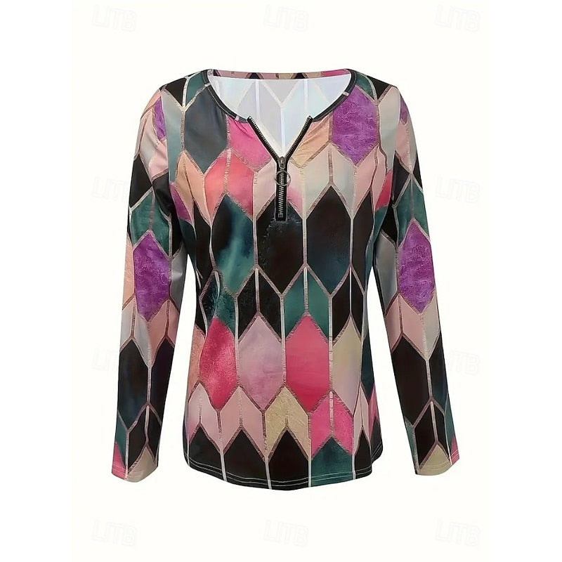 Floral Quarter-Zip Long Sleeve Top