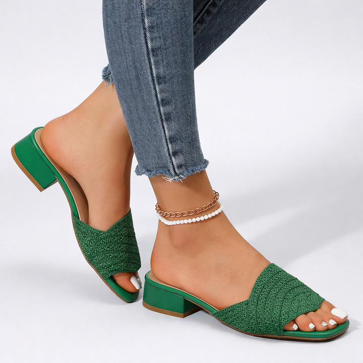 Low Block Heel Open Square Toe Mule Sandal