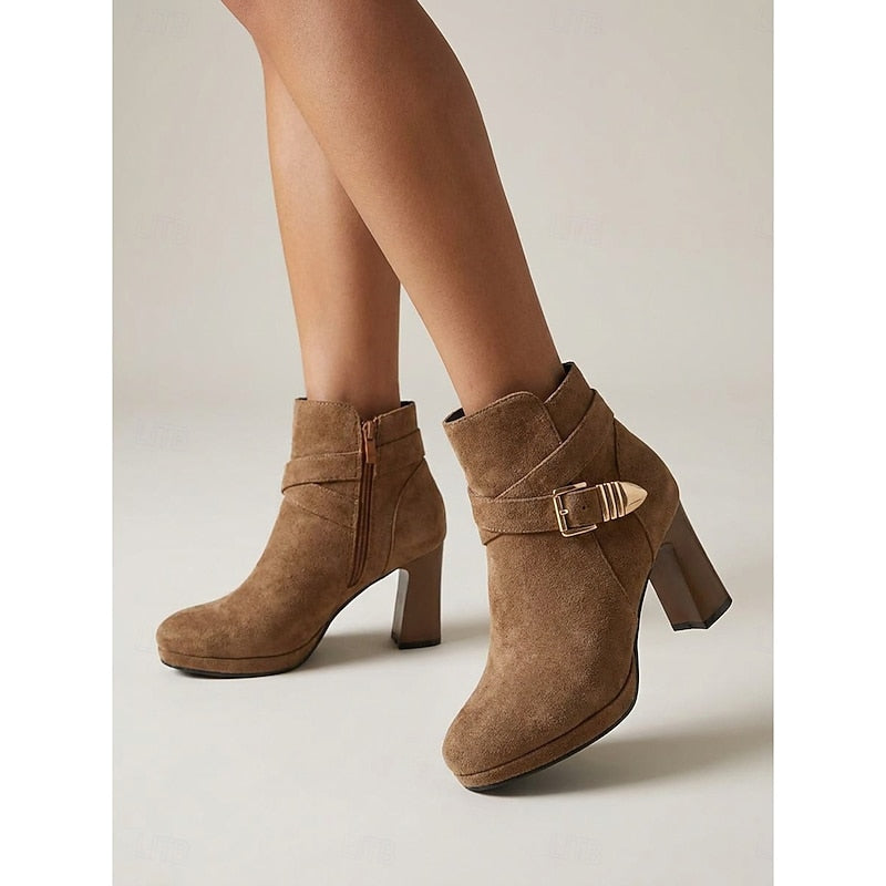 Buckle-Strap Block Heel Ankle Boots