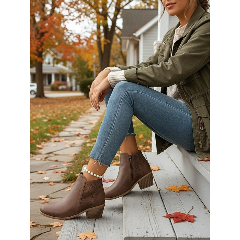 Cutout Low-Heel Ankle Boots