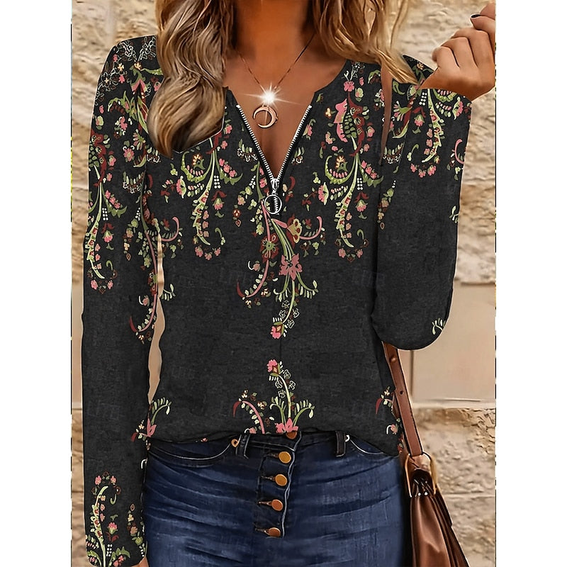 Floral Quarter-Zip Long Sleeve Top