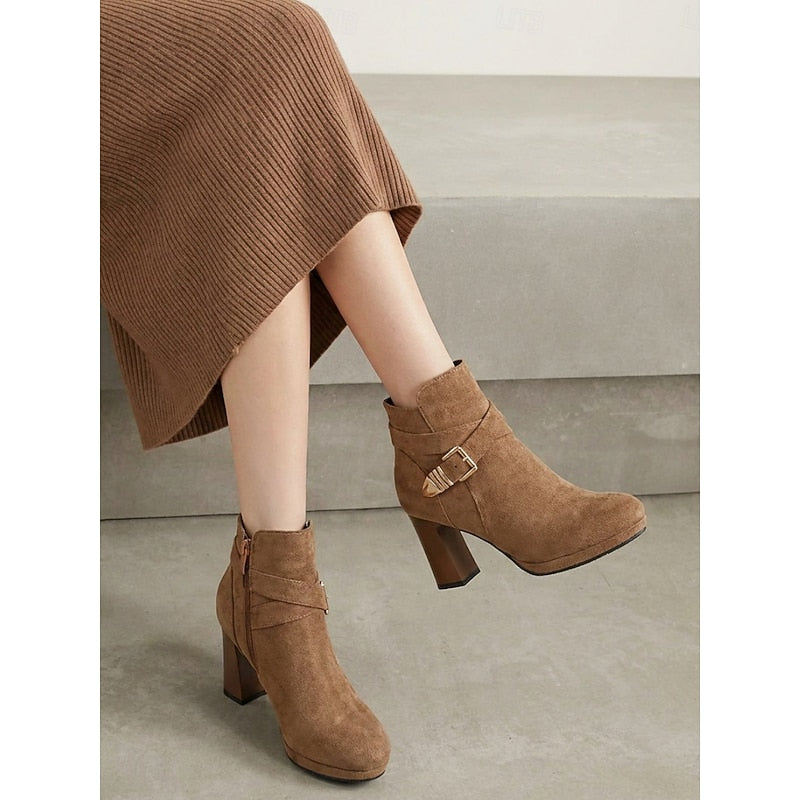 Buckle-Strap Block Heel Ankle Boots
