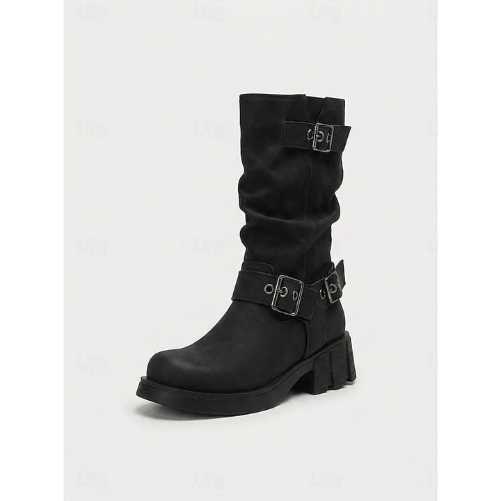 Buckle-Detail Mid-Calf Biker Boots