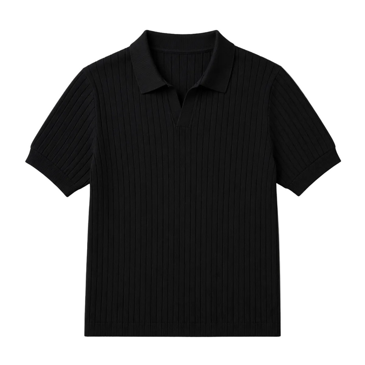 Ribbed Knit Open Collar Polo Shirt