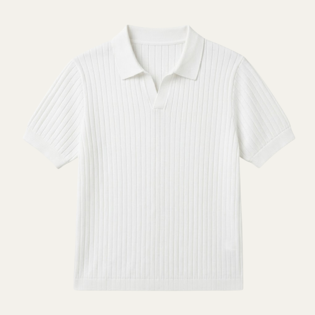 Ribbed Knit Open Collar Polo Shirt