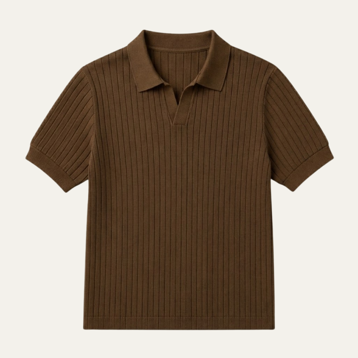 Ribbed Knit Open Collar Polo Shirt