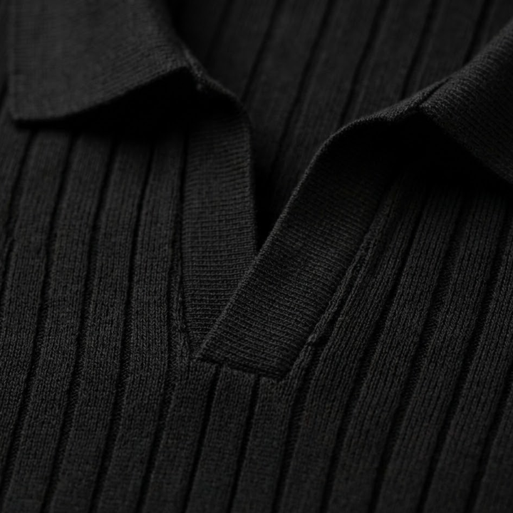 Ribbed Knit Open Collar Polo Shirt