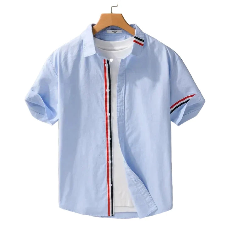 Short Sleeve Button-Up Shirt with Stripe Detail