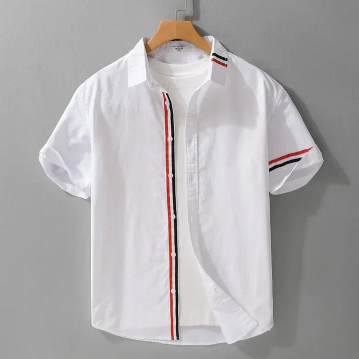 Short Sleeve Button-Up Shirt with Stripe Detail