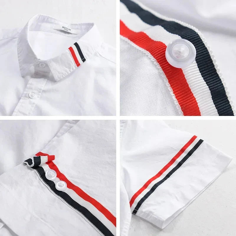 Short Sleeve Button-Up Shirt with Stripe Detail