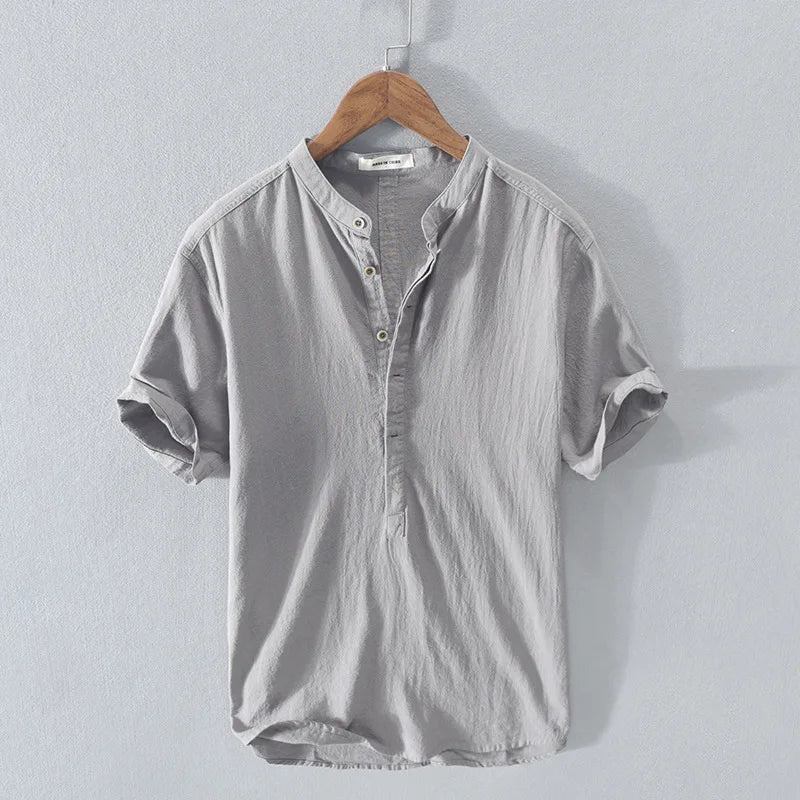 Short Sleeve Henley Shirt with Band Collar