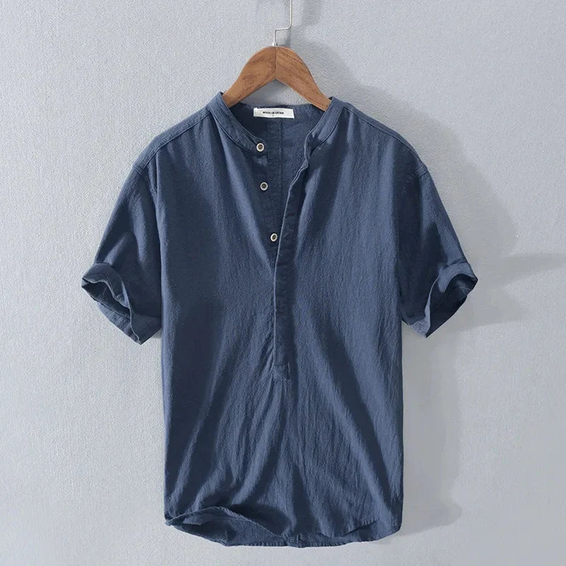 Short Sleeve Henley Shirt with Band Collar