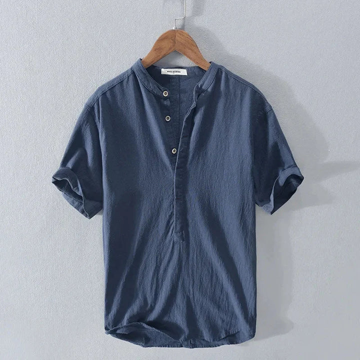 Short Sleeve Henley Shirt with Band Collar