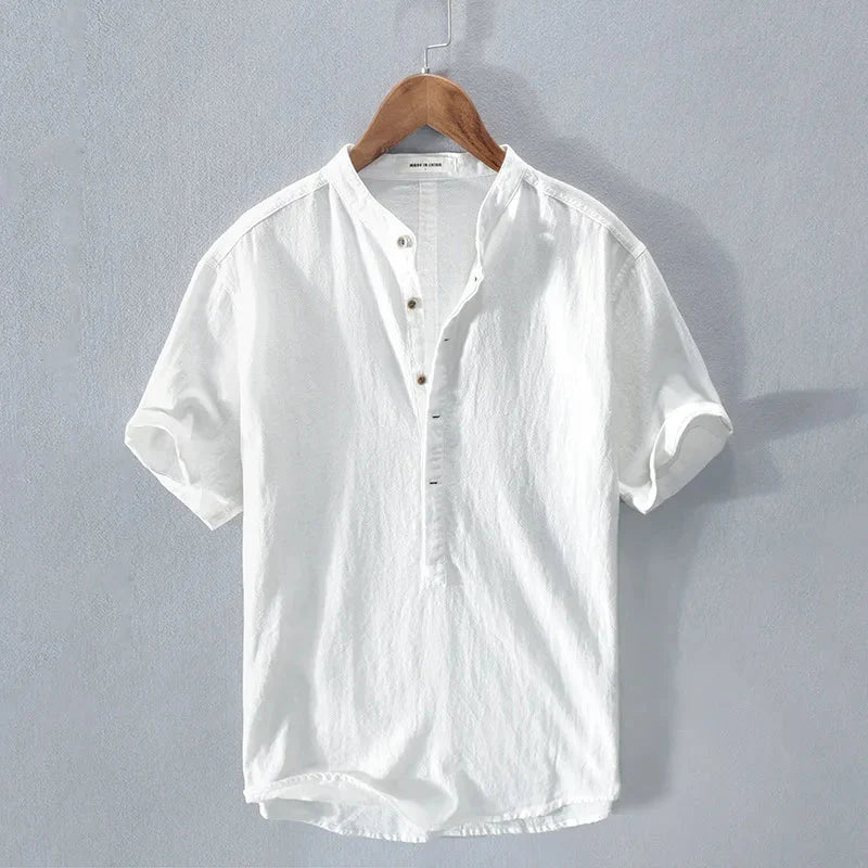Short Sleeve Henley Shirt with Band Collar