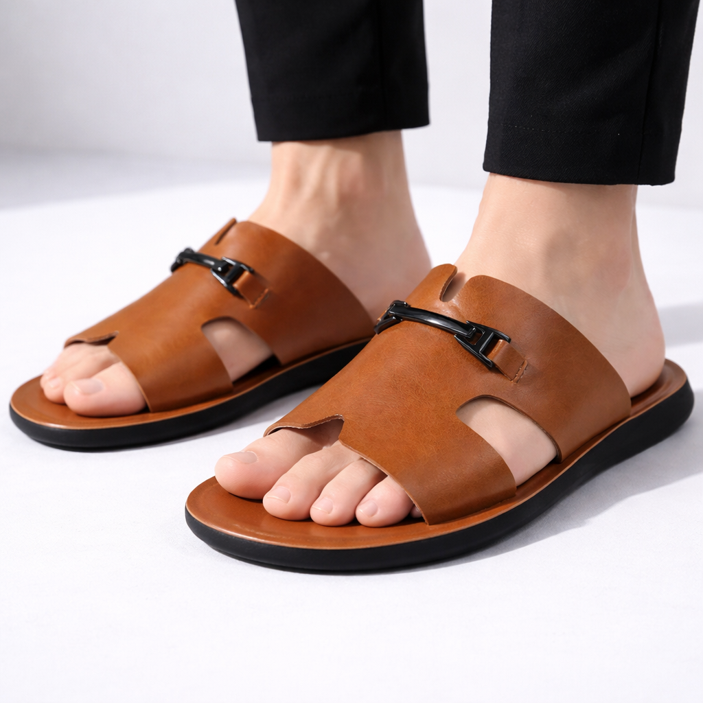 Men’s Cut-Out Slide Sandals with Metal Accent