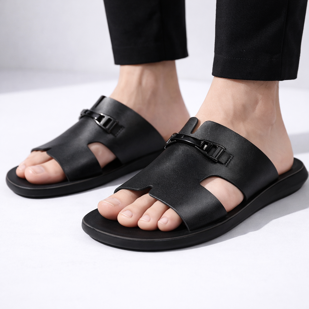 Men’s Cut-Out Slide Sandals with Metal Accent