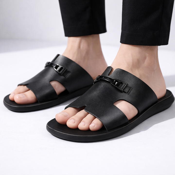 Men’s Cut-Out Slide Sandals with Metal Accent
