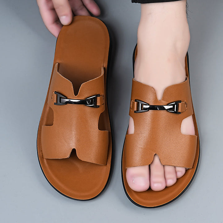 Men’s Cut-Out Slide Sandals with Metal Accent