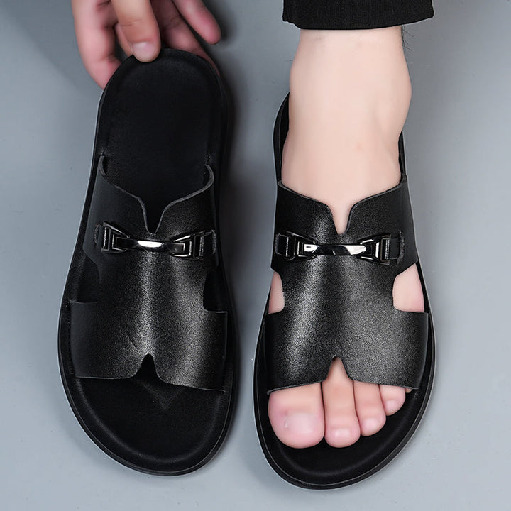 Men’s Cut-Out Slide Sandals with Metal Accent