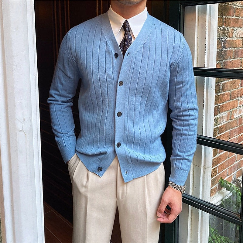 Ribbed V-Neck Button Cardigan