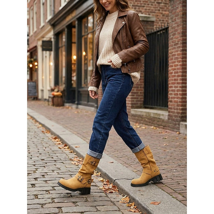 Buckle-Detail Mid-Calf Biker Boots