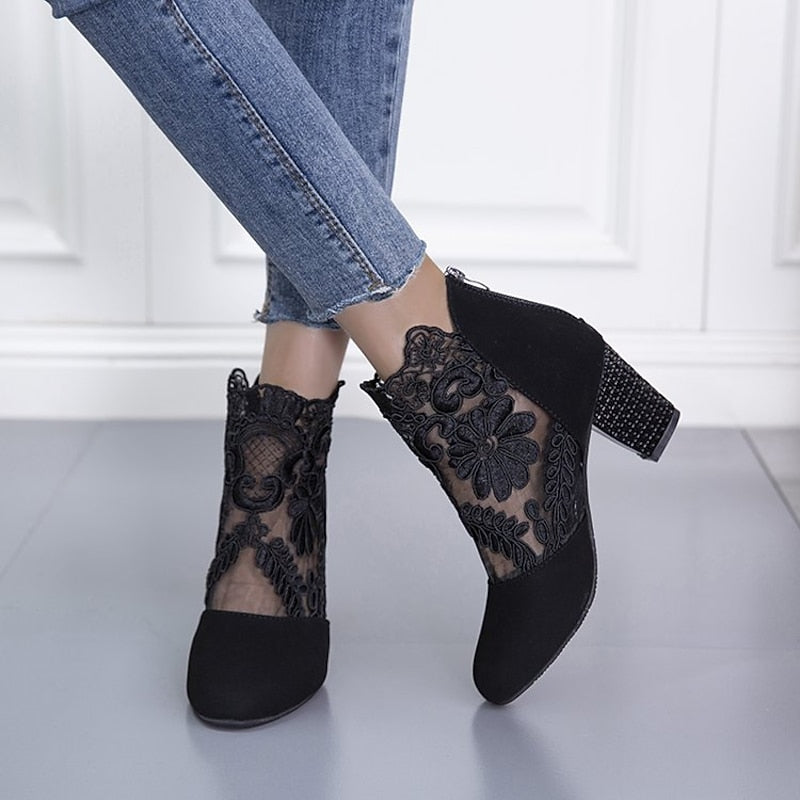 Lace-Accent Heeled Ankle Boots