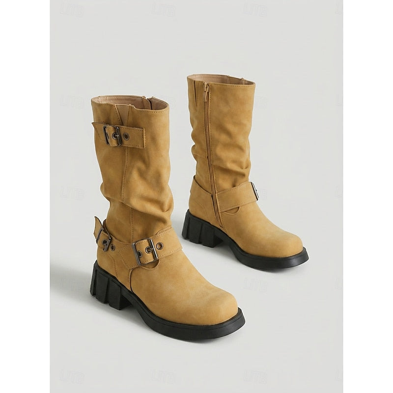 Buckle-Detail Mid-Calf Biker Boots